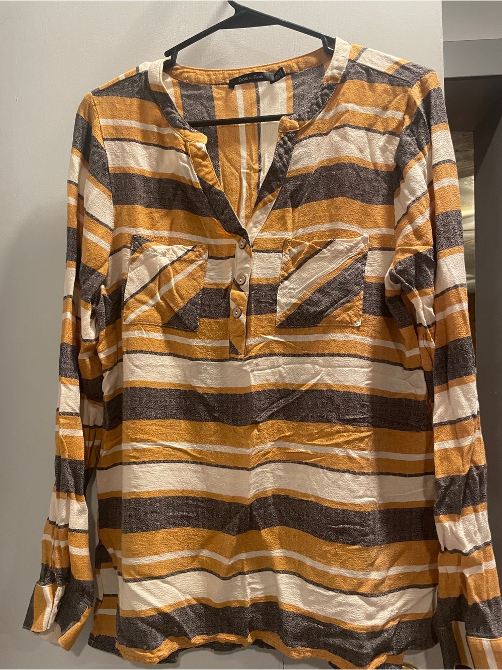 Doe & Rae Striped Button-Front Shirt in Mustard, Charcoal & Cream size M
